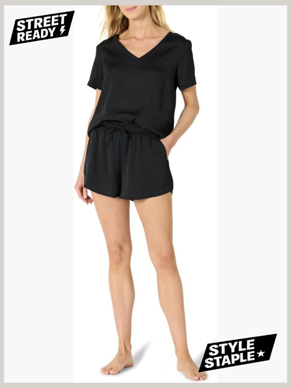 Relaxed Fit Satin V-Neck Short Sleeve Pajama Set